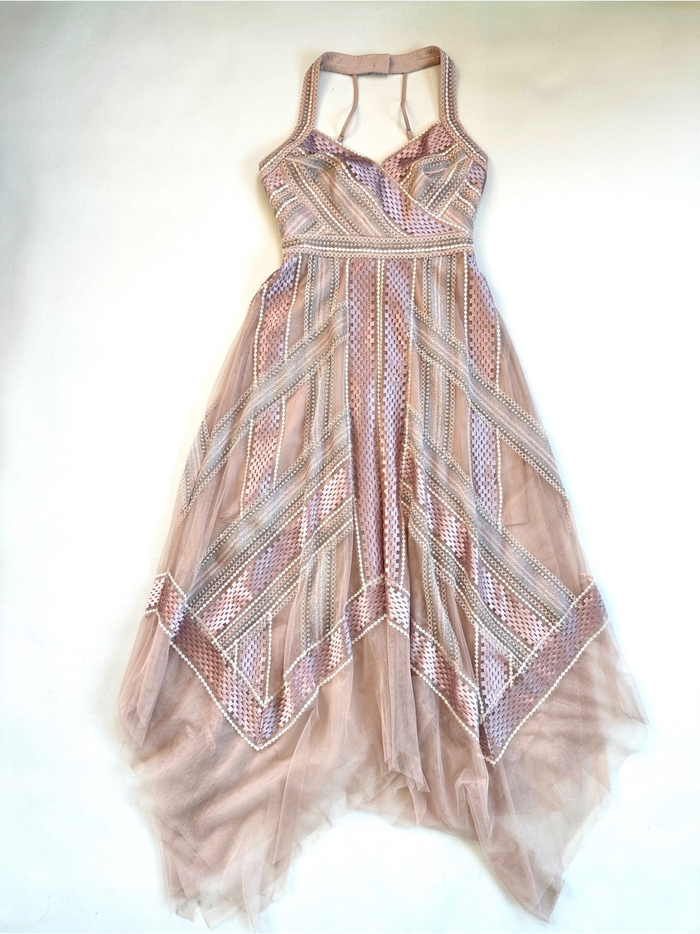 BCBGMAXAZARIA PINK/NUDE/METALLIC TULLE ETHEREAL GODDESS HANDKERCHIEF DRESS Sz2 - Picture 10 of 16